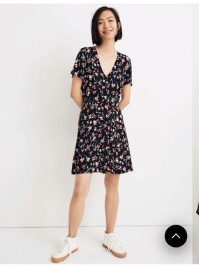Madewell Black Floral V-Neck Dress with Red, Pink & White Accents